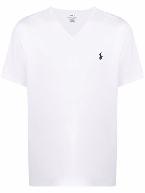 camiseta com decote em V e logotipo bordado
