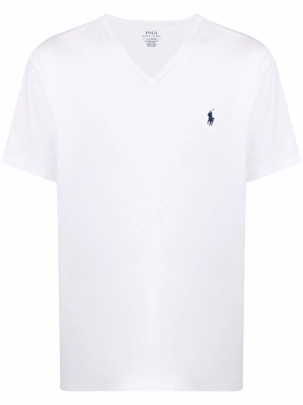 camiseta com decote em V e logotipo bordado