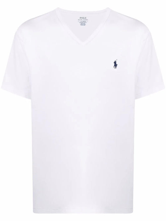 camiseta com decote em V e logotipo bordado